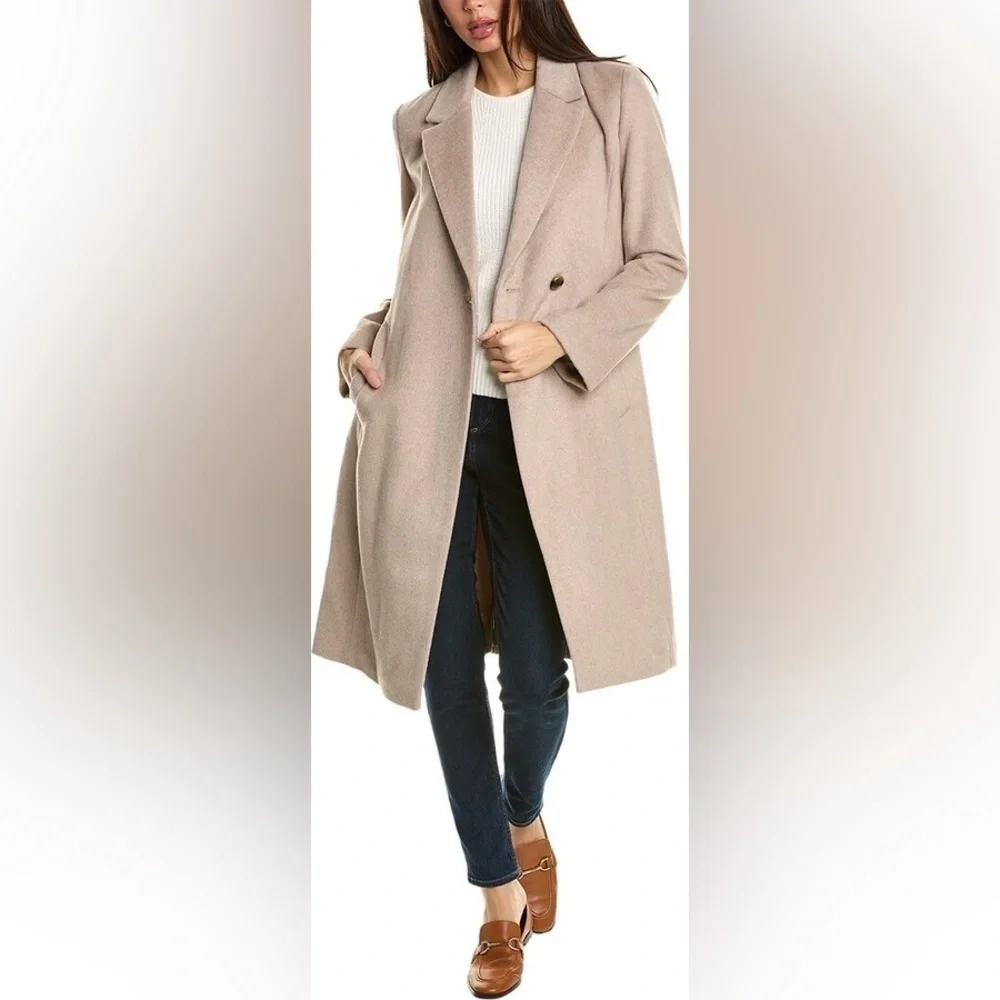 COLE HAAN Double Breasted Wool Blend Oatmeal Tan Coat 12 - Picture 2 of 9
